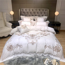 Load image into Gallery viewer, New Luxury Exquisite Embroidery 100S Egyptian Cotton Bedding Set White Queen King Duvet Cover Bed Linen Fitted Sheet Pillowcases