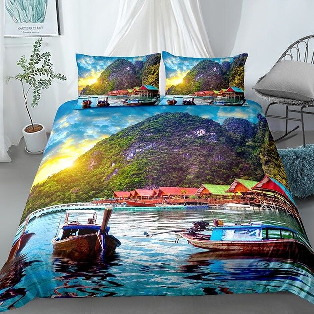 Beautiful Scenic Duvet Cover Set 3D Flower Tree Waterfall Bedding Set Bed Linen Pillowcases Twin Full Home Textiles 3pcs